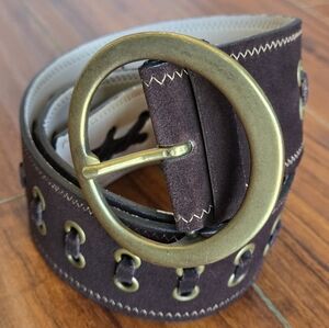 Boho Brown Leather Belt Brass Tone Gromments/Buckle Whipstitch Detailing Size M